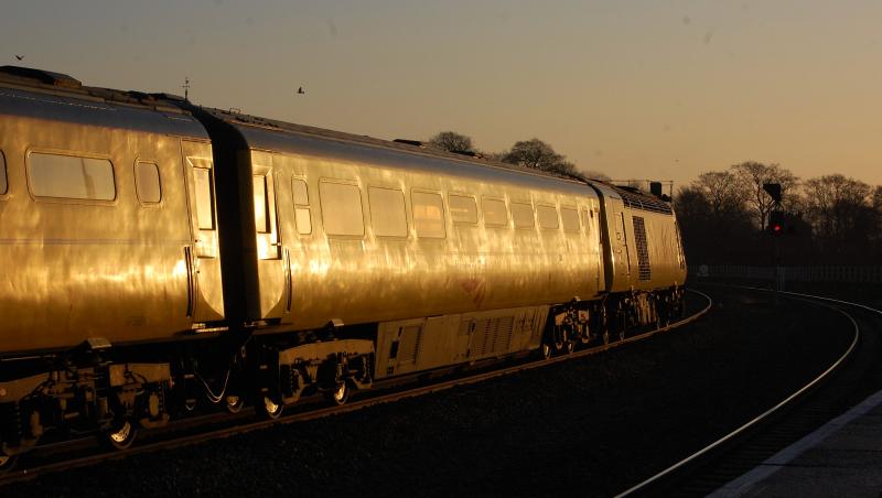 02-01 Early morning sun glints off 43013 and 1Q28 at Kilmarnock.JPG: 43014 on 1Q28 Network measurement Train at Kilmarnock on Feb 1st 2012 Photo of 02-01 Early morning sun glints off 43013 and 1Q28 at Kilmarnock.JPG