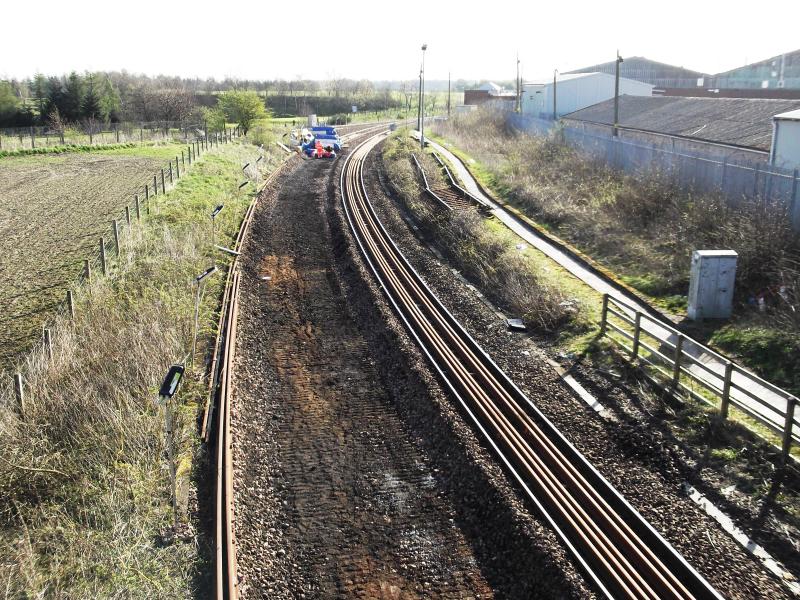 a view of the line towards Carmuirs East: A view of the lifted line heading towards Carmuirs East. Taken on 1st April 2012. Photo of a view of the line towards Carmuirs East