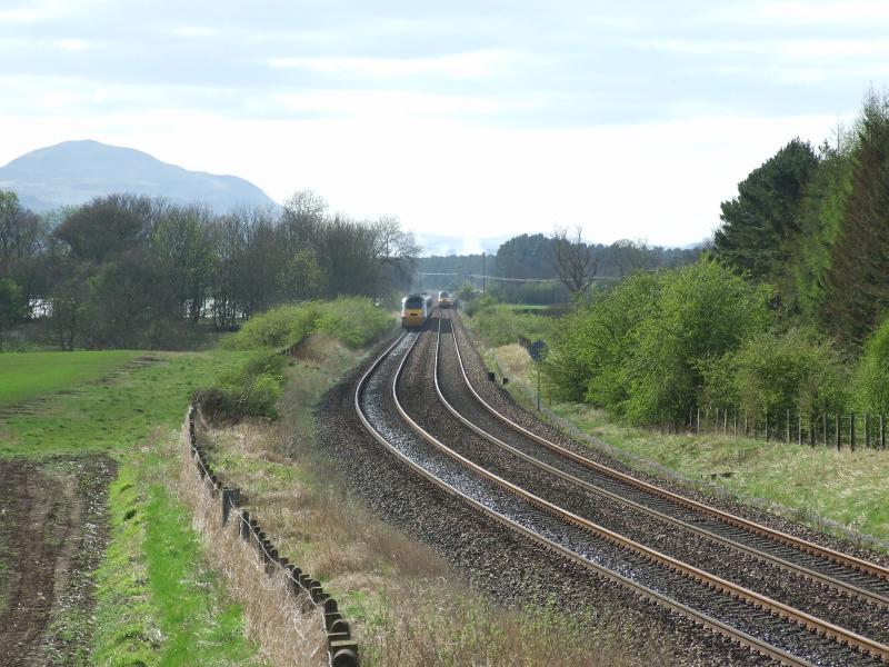 Crossover: Wrong position again! Every Sunday about 15:30 a Crossover is on near Ladybank,I always seem to be in the wrong place!1S11 meets 1E23 at Bow of Fife,01/04/2012. Photo of Crossover