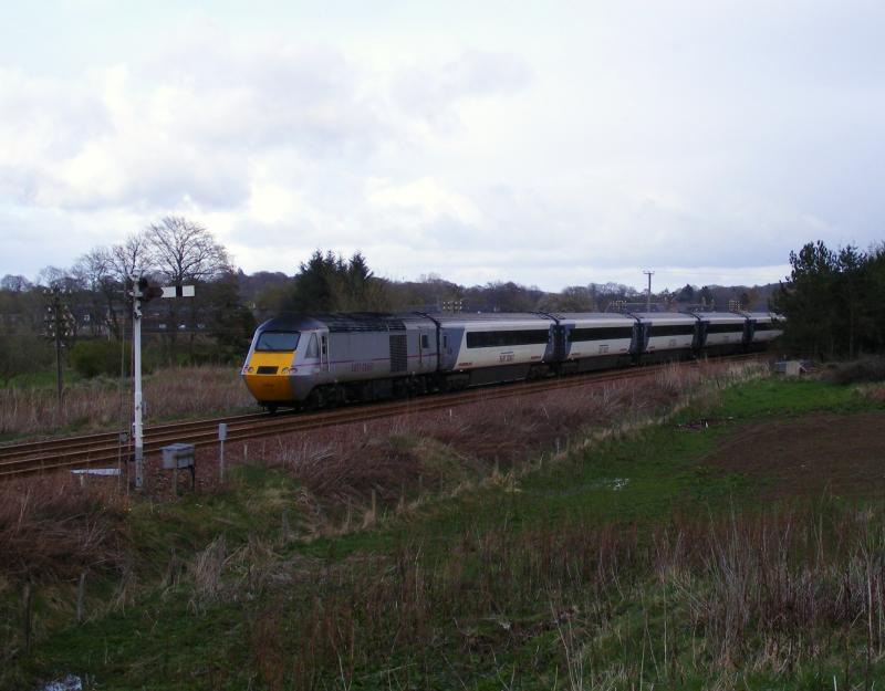 EC HST at Insch?!: EX HST standing at Insch' Up Home Signal while working an ECS working from Inverness to Heaton. This was due to a Land slip which closed the HML and trapped this train at Inverness. 30-04-12 Photo of EC HST at Insch?!