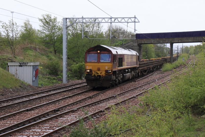 6K15 at Millerhill: 66102 on 6K15 with 18 YKA Salmon with lifted concrete sleepered track 10.45 Perth to Mossend leaving Millerhill on 13/05/2012 Photo of 6K15 at Millerhill