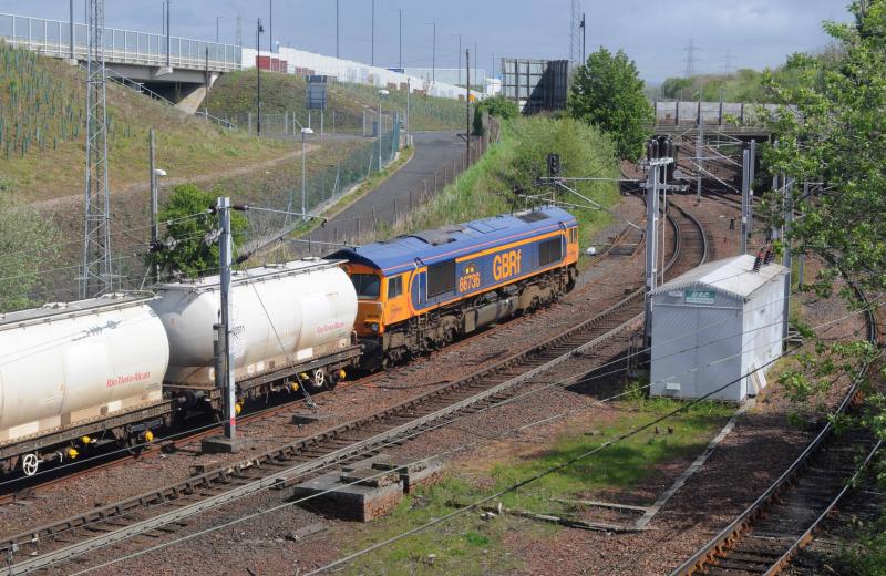 66736 Bridgeton Yard/ Rutherglen: 66736 waits to depart bridgeton Yard/ Rutheglen to North Blyth with thE Alcans from Fort William. Mon 14th May 2012 Photo of 66736 Bridgeton Yard/ Rutherglen