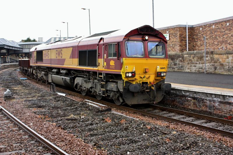 IMG_6520.JPG: 66145 on 6K16 sits in plat 1 at perth waiting on a path back to mossend yard, 6K16 was sat at walnut grove during engineering works between perth and errol on sunday 13th may 2012. Photo of IMG_6520.JPG