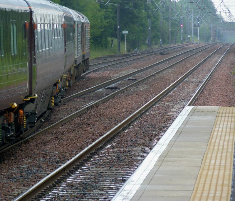 Prestonpans signal oddity: DBS management train entering Prestonpans loop - mainline signal at green Photo of Prestonpans signal oddity