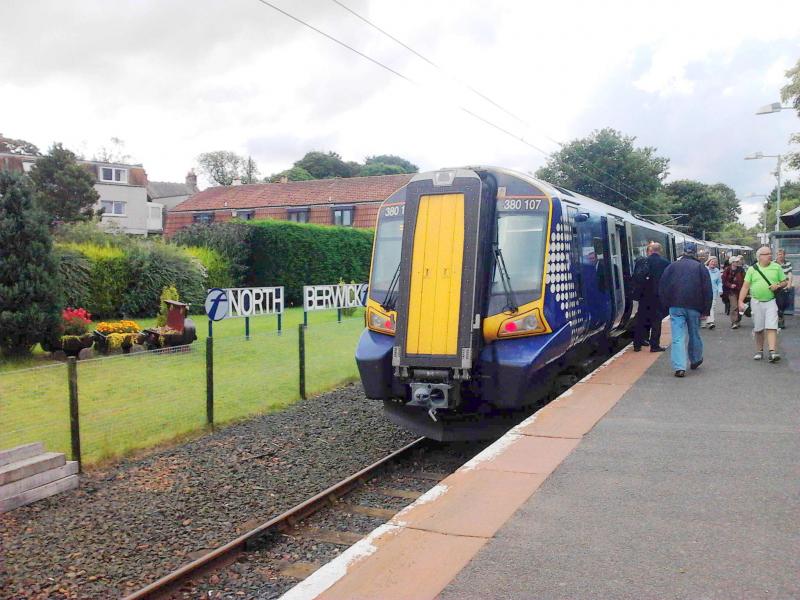 North Berwick arrival: 380107 disgorges her passengers from Waverley in August 2012. Photo of North Berwick arrival