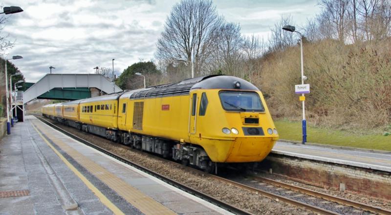 HST Test Train.: 1Q24 Races through Polmont Station on the return working from Glasgow Queen Street to Edinburgh, headed by 43062 Photo of HST Test Train.