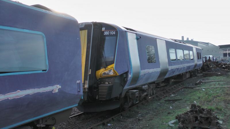 380104:
380104 driving car at Kilmarnock Brodie Rail during collision damage repairs Photo of 380104