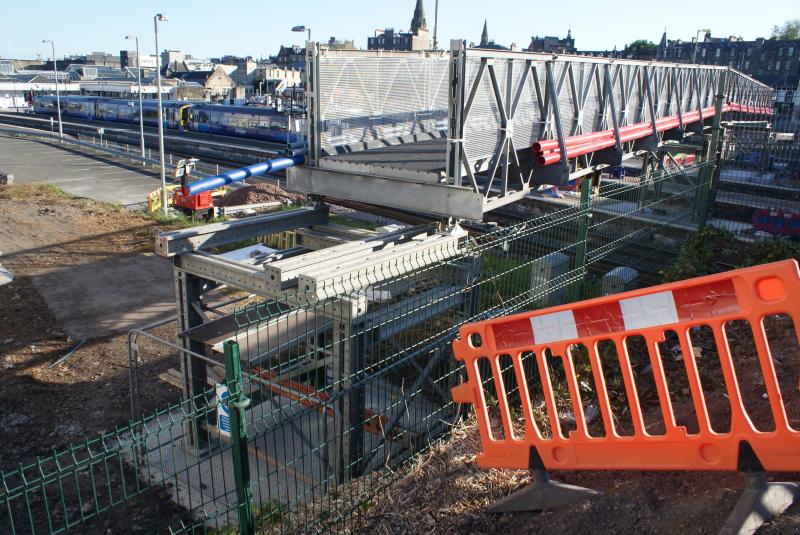 Shore Road Temporary Footbridge 02.06.13: The temporary footbridge partially placed overnight across the extent of the tracks. Photo of Shore Road Temporary Footbridge 02.06.13