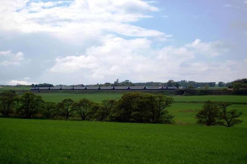 1S11 climbs away from Inverkeilor: 43299 & 43306 attack the incline towards the former station at Lunan Bay and on to Usan working 1S11 10:00 Kings Cross - Aberdeen. Saturday 8th Jyne 2013 Photo of 1S11 climbs away from Inverkeilor