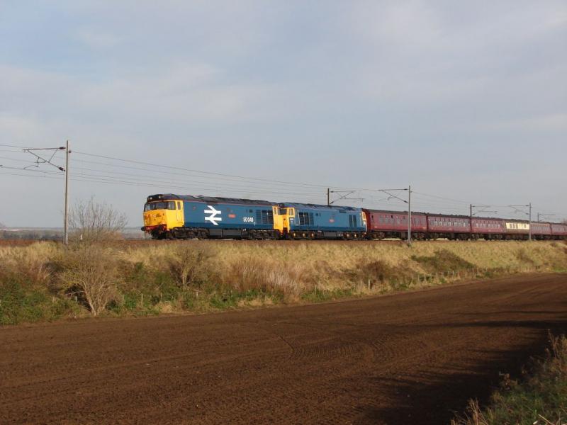 Double-header on the ECML: 50049 and 50044 together on 1Z48 as it approached Longniddry heading towards Edinburgh Waverley on 19th November 2011. Photo of Double-header on the ECML