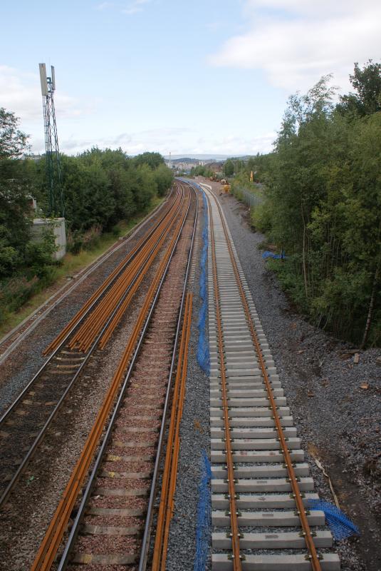 From Kerse Road bridge looking north 18.08.13: From Kerse Road bridge looking north on 18.08.13 - the plain line section of the new loop was railed overnight. Photo of From Kerse Road bridge looking north 18.08.13