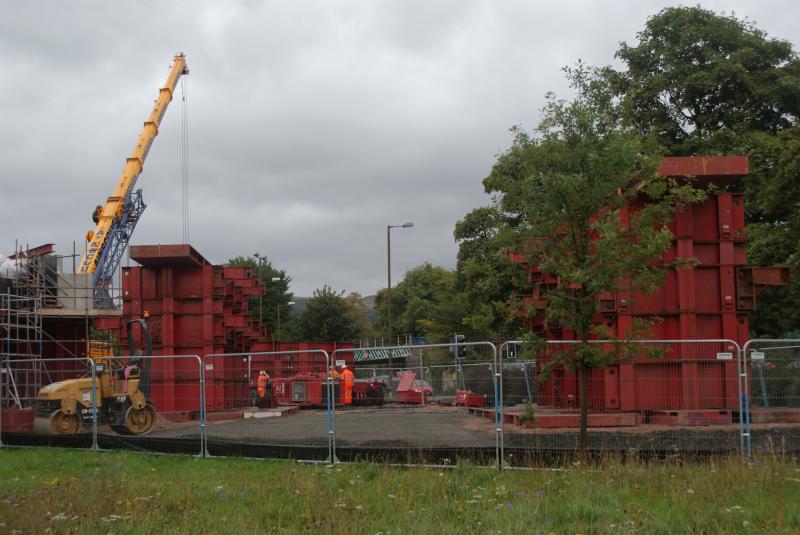 Transporters getting assembled and stilts for old bridge in place: Transporters getting assembled and stilts for old bridge in place at Causewayhead Road on 25.09.13 Photo of Transporters getting assembled and stilts for old bridge in place