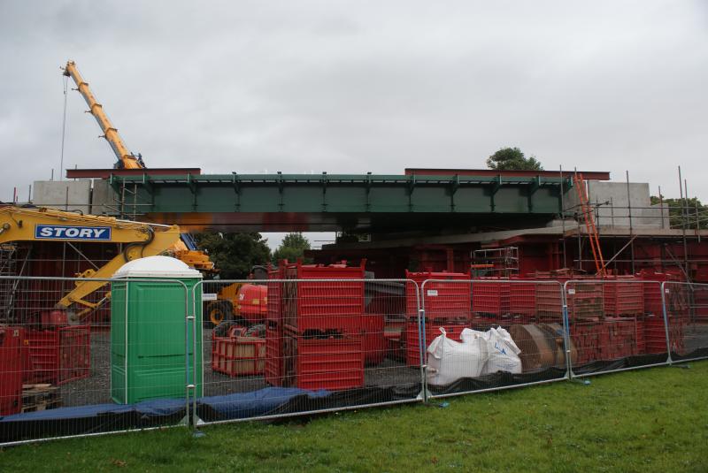 The bridge walkway sections now in place and fully painted.: The new bridge deck's walkway sections now in place and fully painted but minus handrailing at Causewayhead Road on 25.09.13 Photo of The bridge walkway sections now in place and fully painted.