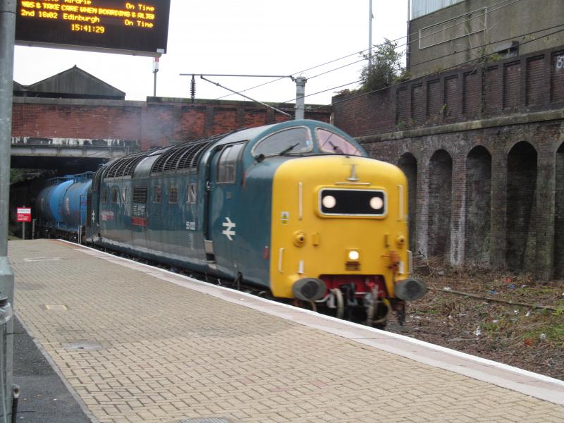 55022 at Bellgrove: 55022 Royal Scots Grey passes Bellgrove with a class 318 unit heading for Springburn. 18/10/2013 Photo of 55022 at Bellgrove