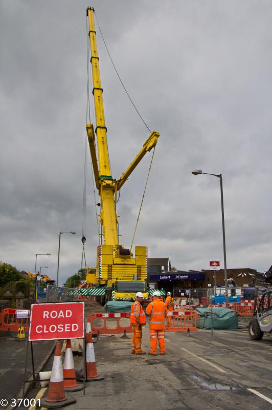 The monster crane at Larbert: A monster crane was brought in to remove the various sections of the rail bridge at Larbert on Saturday 16th May 2014 Photo of The monster crane at Larbert