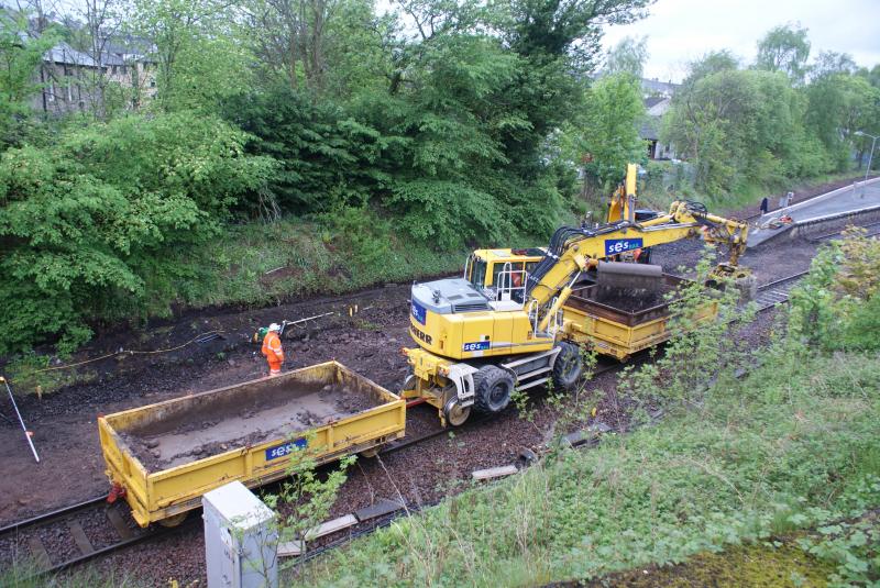 Track lowering at Dunblane 002: Track lowering for OHL clearance at B8033 overbridge Dunblane on 17.05.2014. Photo of Track lowering at Dunblane 002