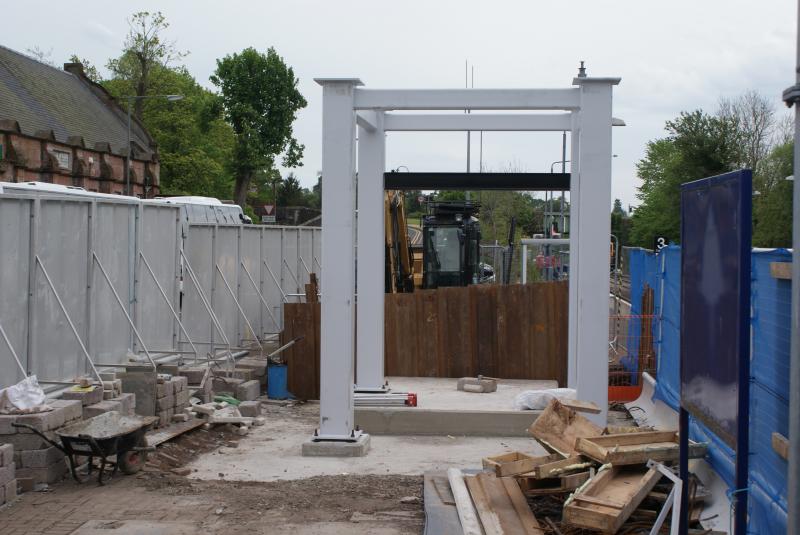 Dunblane new footbridge 001: Progress on the Dunblane new footbridge/lifts 18.05.2014.
Platform One bridge support frame now in place. Photo of Dunblane new footbridge 001