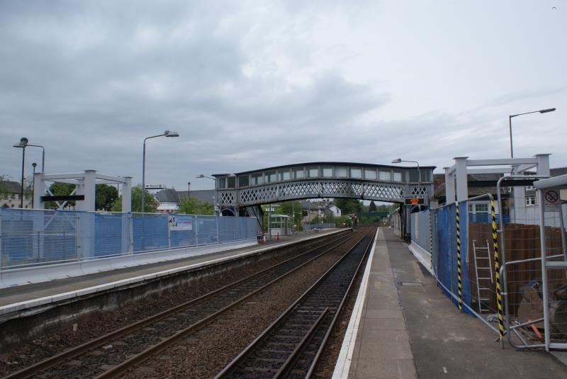 Dunblane new footbridge 002: Progress on the Dunblane new footbridge/lifts 18.05.2014. Platform One & Two bridge support frames now in place. Photo of Dunblane new footbridge 002