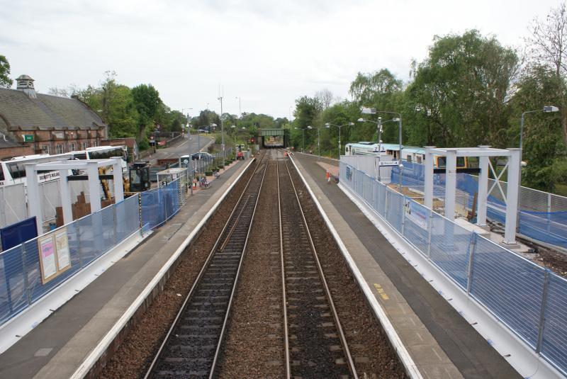 Dunblane new footbridge 003: Progress on the Dunblane new footbridge/lifts 18.05.2014. Platform One & Two bridge support frames now in place. Photo of Dunblane new footbridge 003