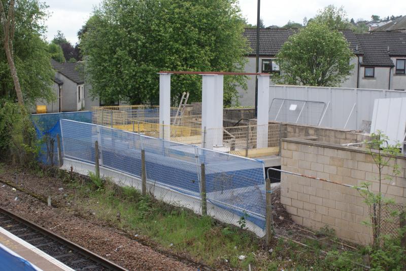 Dunblane new footbridge 004: Progress on the Dunblane new footbridge/lifts 18.05.2014. Springfield Terrace Car Park bridge support frame now in place. Photo of Dunblane new footbridge 004