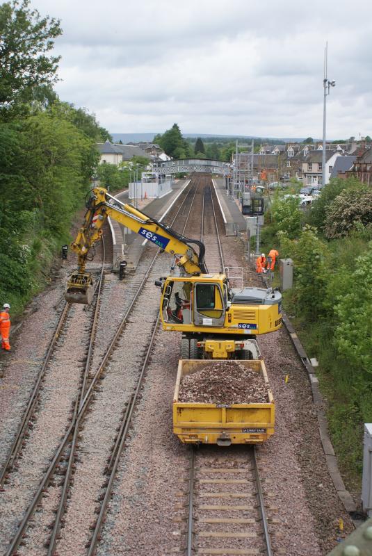 Dunblane track lowering wk3: Dunblane track lowering week 3. Platfrom 1's lift shaft steel frame is now installed. Photo of Dunblane track lowering wk3