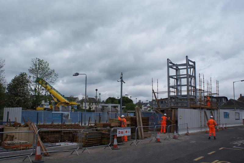 Dunblane new bridge progress 01.06.14 001: Dunblane Station's new bridge progress at P.1 on 01.06.14 with the crane used still in place for more activity in the coming nights. Photo of Dunblane new bridge progress 01.06.14 001