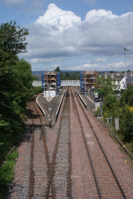 Progress on the new Dunblane Station Footbridge and Lifts 20.07.14 001: Progress on the new Dunblane Station Footbridge and Lifts on 20.07.14 from the B8033 Stirling Road Bridge. Photo of Progress on the new Dunblane Station Footbridge and Lifts 20.07.14 001