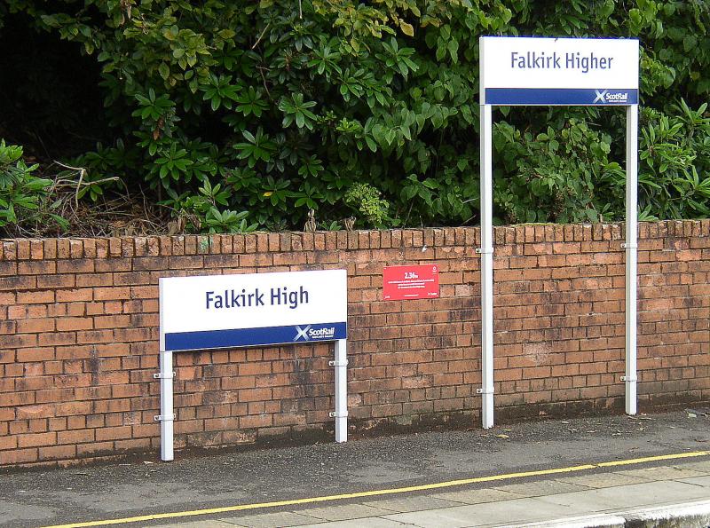 Falkirk; High & Higher.: Station signage erected as part of Scotrail's support of the Commonwealth Games in Glasgow, July / August 2014 Photo of Falkirk; High & Higher.