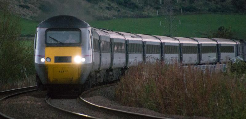 43277: 43277 heads the Golfex to Gleneagles at Forgandenny this evening. 25/09/14. Photo of 43277