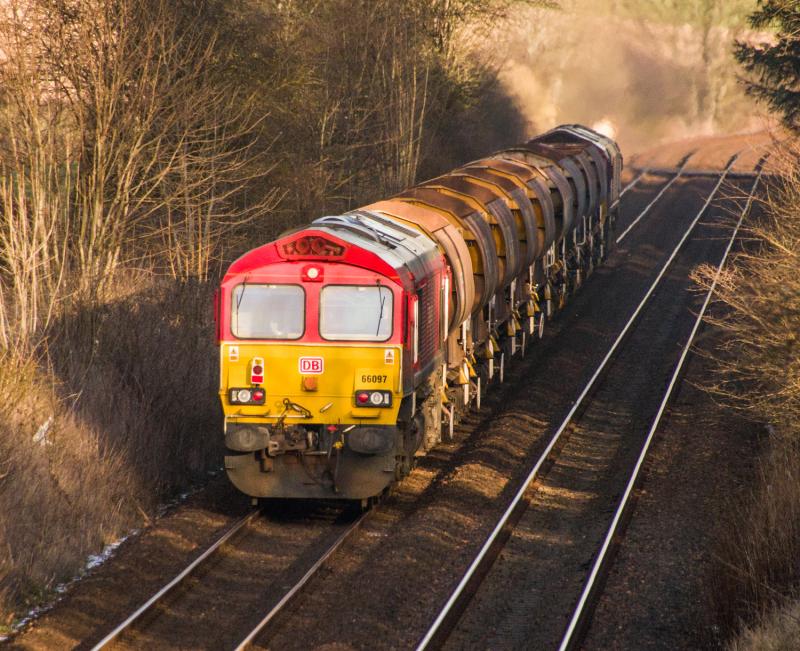 66097: 66097 on the rear of 6K05 at Forgandenny. 01/02/15. Photo of 66097