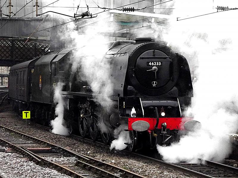 46233 at Carlisle: 46233 Duchess of Sutherland waits at Carlisle having arrived with the inbound Cumbrian Mountain Express from London Euston, on Saturday 7th February 2015 Photo of 46233 at Carlisle