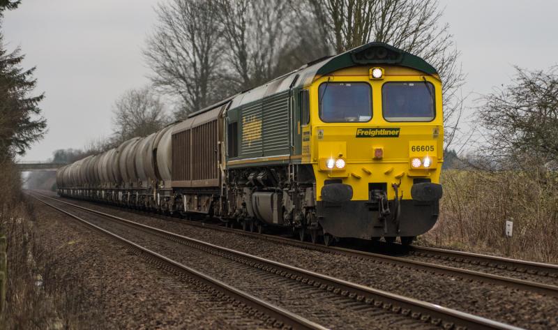 66605: 66605 heads north with 6A65 at Forgandenny. 11/02/15. Photo of 66605
