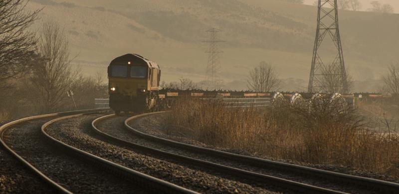 66104: 66104 heads south today at Forgandenny. 12/02/15. Photo of 66104