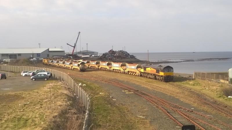 Ayr Harbour: 66849 tucked up At Ayr Harbour after working in on 6K11
Ballast from Carlisle to Falkland Yd, 56113 is down the
Other end of the train. 14th March 2015 10:30 Photo of Ayr Harbour