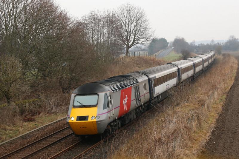 43238 leading Highland Chieftain: Passing Luncarty Photo of 43238 leading Highland Chieftain
