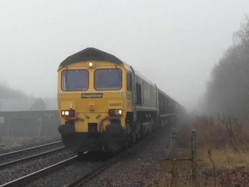 Class 66: Class 66 66602 through Stirling on a foggy Easter Monday morning on its way to Aberdeen Photo of Class 66