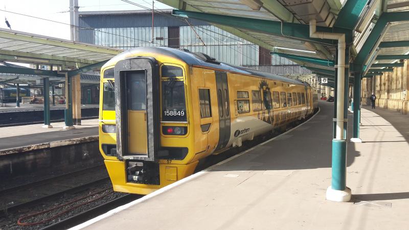 158849 Carlisle 19/03/15: Tour de France 158 after arrival on the 1049 from Leeds. Photo of 158849 Carlisle 19/03/15