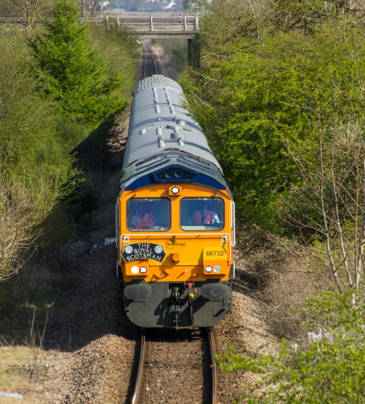 66732: 66732 with The Royal Scotsman headboard passes Bridge of Earn.20/04/15 Photo of 66732