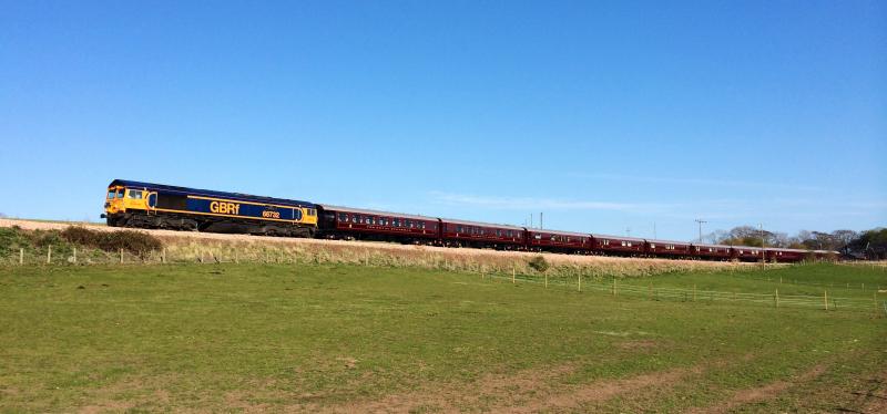 66732 1H79 200415: First Royal Scotsman of the 2015 season departs Arbroath with GBRf power Photo of 66732 1H79 200415
