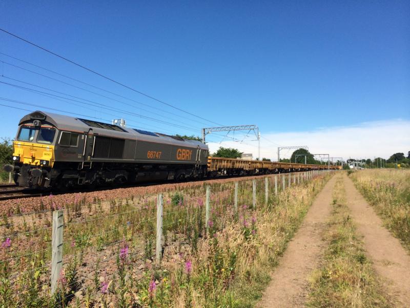 66747 6S49 Prestonpans July 2014:
Euro GB 66 heads north with engineers trip for Millerhill Photo of 66747 6S49 Prestonpans July 2014