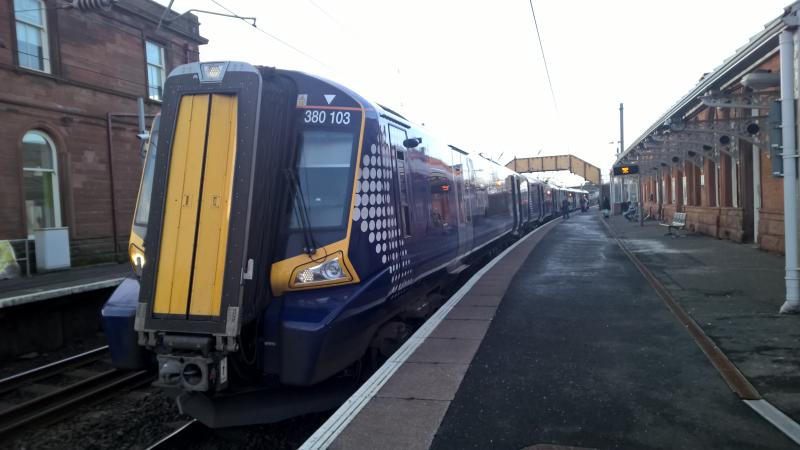 380 103 At Saltcoats: 380 103 sits at Saltcoats on its way to Glasgow. Photo of 380 103 At Saltcoats