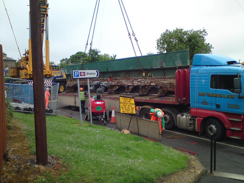 Polmont road bridge away: The old road bridge rests on a trailer after removal on 13 June 2015 Photo of Polmont road bridge away
