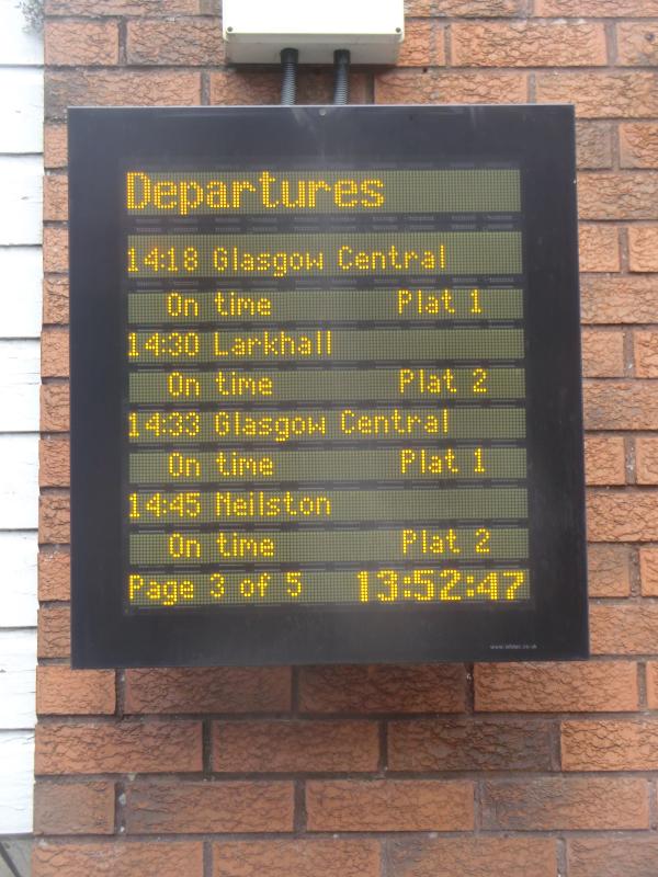 Mount Florida destination board: Diversions on Saturday 11 Jul 15 meant that Newton trains were extended to Larkhall, as shown by the destination screen at Mount Florida Photo of Mount Florida destination board