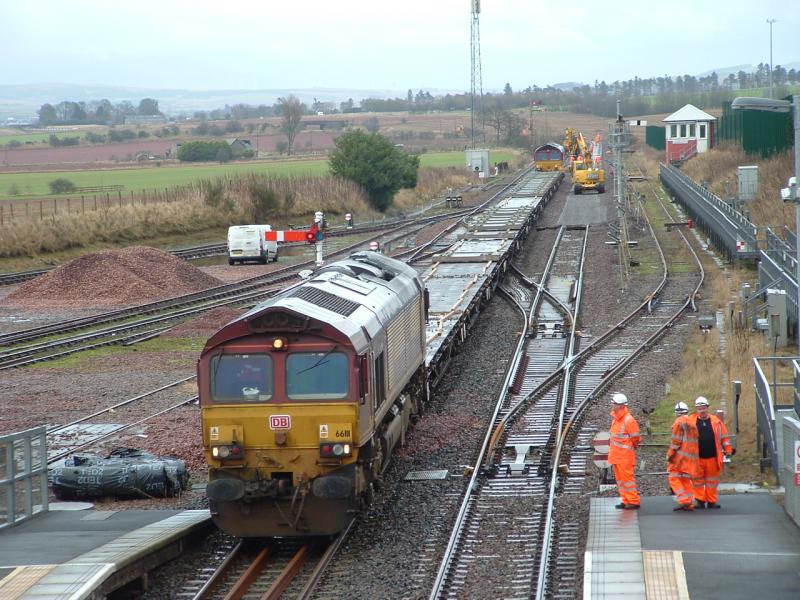 66111 at Laurencekirk 10 Jan 2016: 66111 and another unidentified 66 at Laurencekirk today on track re-laying duties. Photo of 66111 at Laurencekirk 10 Jan 2016