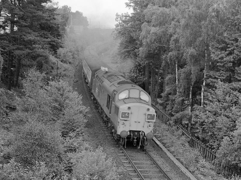 37108: 37108 blasts out of Aviemore on 5 July 1978 with the 12.35 Inverness - Edinburgh. Steam heat - in July! Photo of 37108