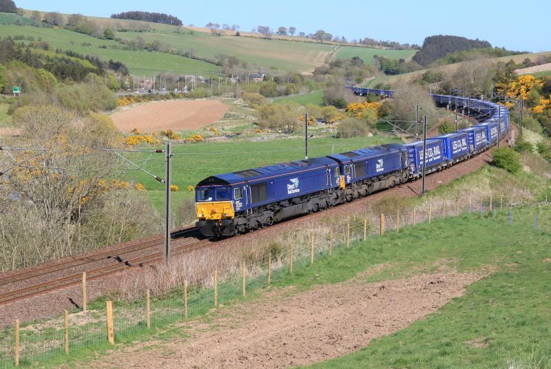 4S43 at Houndwood: 66431 + 66426 on 4S43 06.16 Daventry DRS to Mossend Euroterminal passing Houndwood on 14/05/2016 Photo of 4S43 at Houndwood