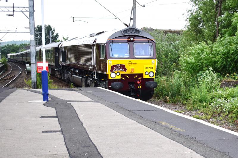 Royal Scotsman Dumbarton East 10 June 2016: Class 66 #66743 heads the Royal Scotsman through Dumbarton East running approx 16 mins late Photo of Royal Scotsman Dumbarton East 10 June 2016
