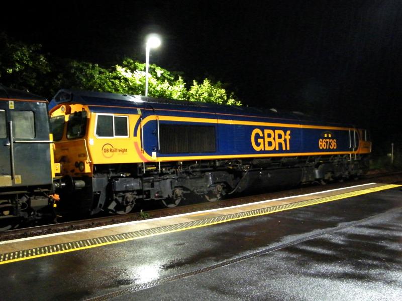 66736 'Wolverhampton Wanderers' at Gleneagles - 25 June 2016: Photographed at 00,04, in a thunder down-pour, heading 73968 on the '1M16' Inverness to London Euston Caledonian Sleeper. Photo of 66736 'Wolverhampton Wanderers' at Gleneagles - 25 June 2016