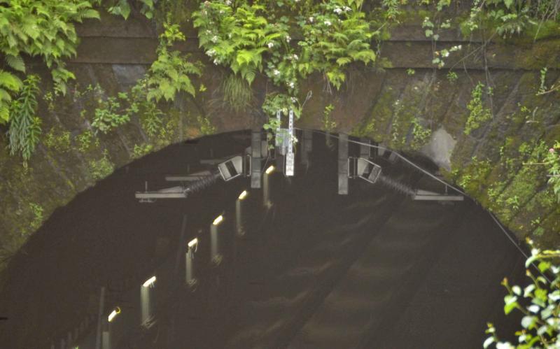 Cowlairs Tunnel OHL Structure: Monday 18th July 2016. The structure for the OHL is in place at the North Portal of the Cowlairs Tunnel in preparation for the wiring of the EGIP Line Photo of Cowlairs Tunnel OHL Structure