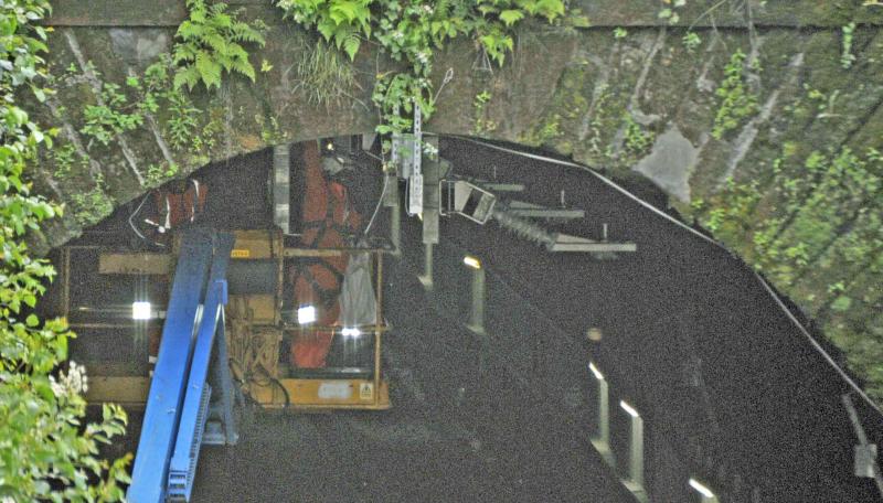 Fitting of OHL Structure: Sunday 17th July 2016. A team installing some of the OHL Fitting Structures at the entrance to the North Portal of Queen Street Tunnel Photo of Fitting of OHL Structure